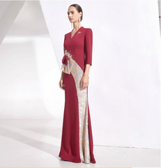 asymmetric peplum gown with brooch and sequin panel – RUBY POISE