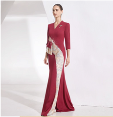 asymmetric peplum gown with brooch and sequin panel – RUBY POISE