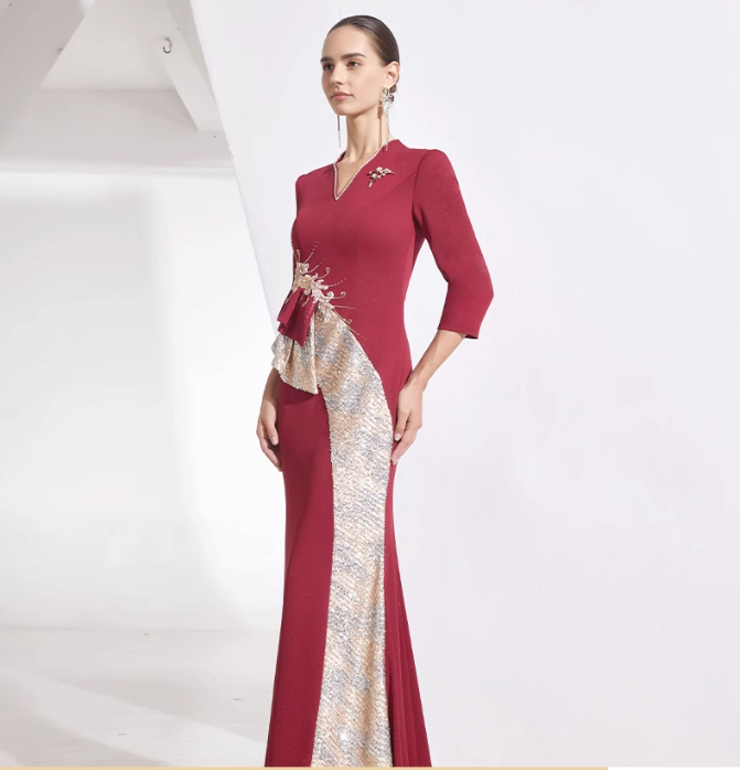 asymmetric peplum gown with brooch and sequin panel – RUBY POISE