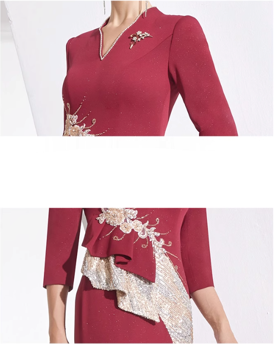 asymmetric peplum gown with brooch and sequin panel – RUBY POISE