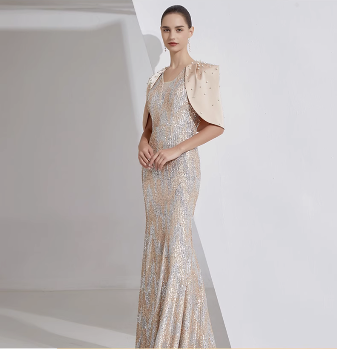 sequin mermaid gown with pearl-embellished cape – STELLAR GLOW