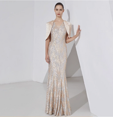 sequin mermaid gown with pearl-embellished cape – STELLAR GLOW
