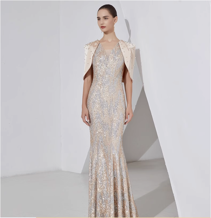 sequin mermaid gown with pearl-embellished cape – STELLAR GLOW