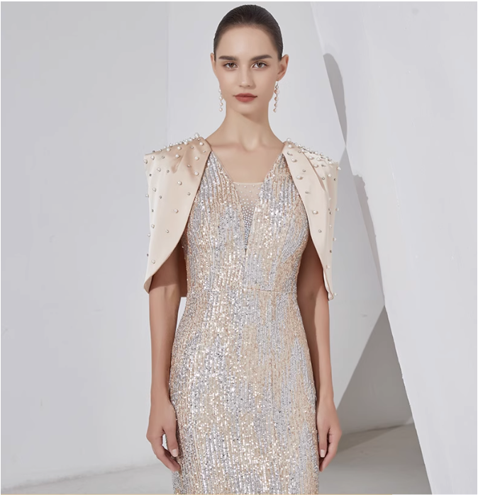 sequin mermaid gown with pearl-embellished cape – STELLAR GLOW