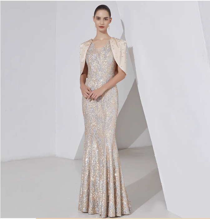sequin mermaid gown with pearl-embellished cape – STELLAR GLOW
