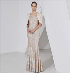 sequin mermaid gown with pearl-embellished cape – STELLAR GLOW