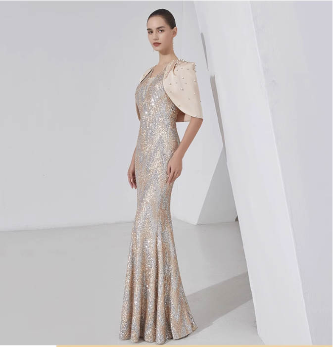 sequin mermaid gown with pearl-embellished cape – STELLAR GLOW