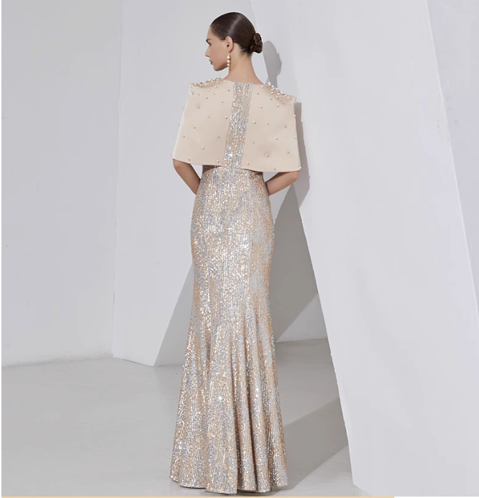 sequin mermaid gown with pearl-embellished cape – STELLAR GLOW