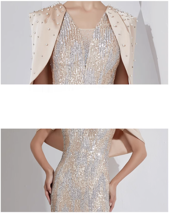 sequin mermaid gown with pearl-embellished cape – STELLAR GLOW