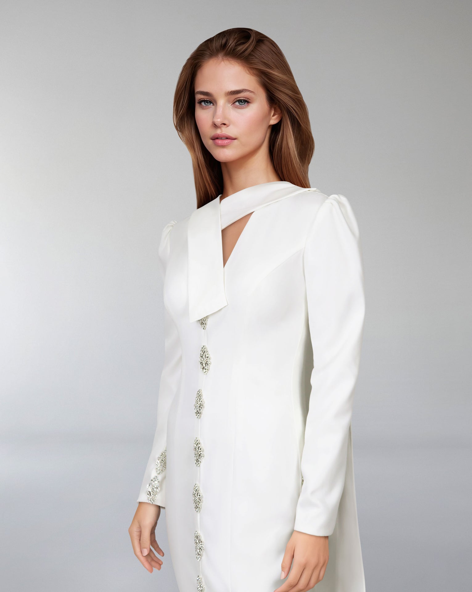 Crystal-button gown with draped neckline – Lorvan