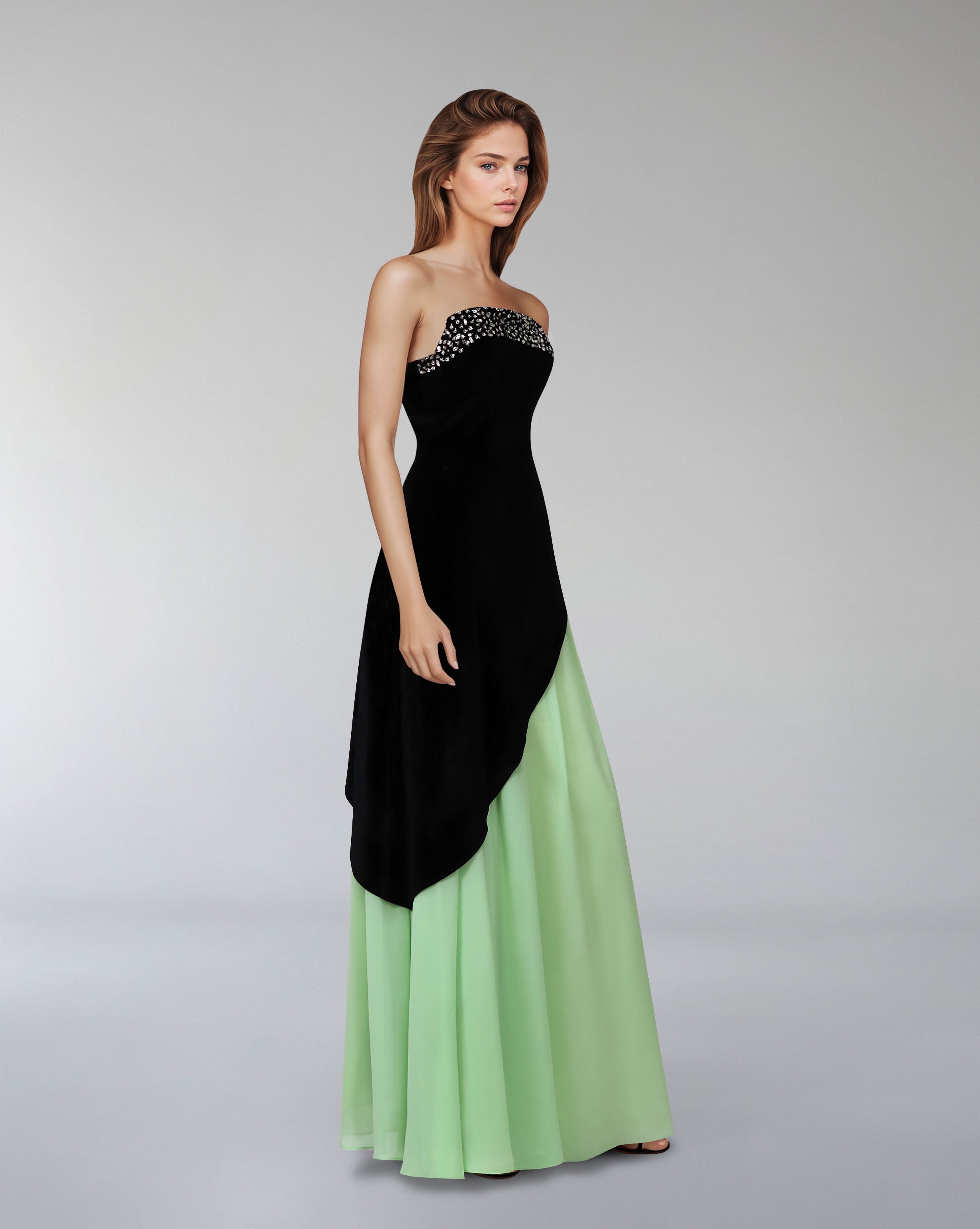 Strapless color-block gown with embellished bodice – Poleno