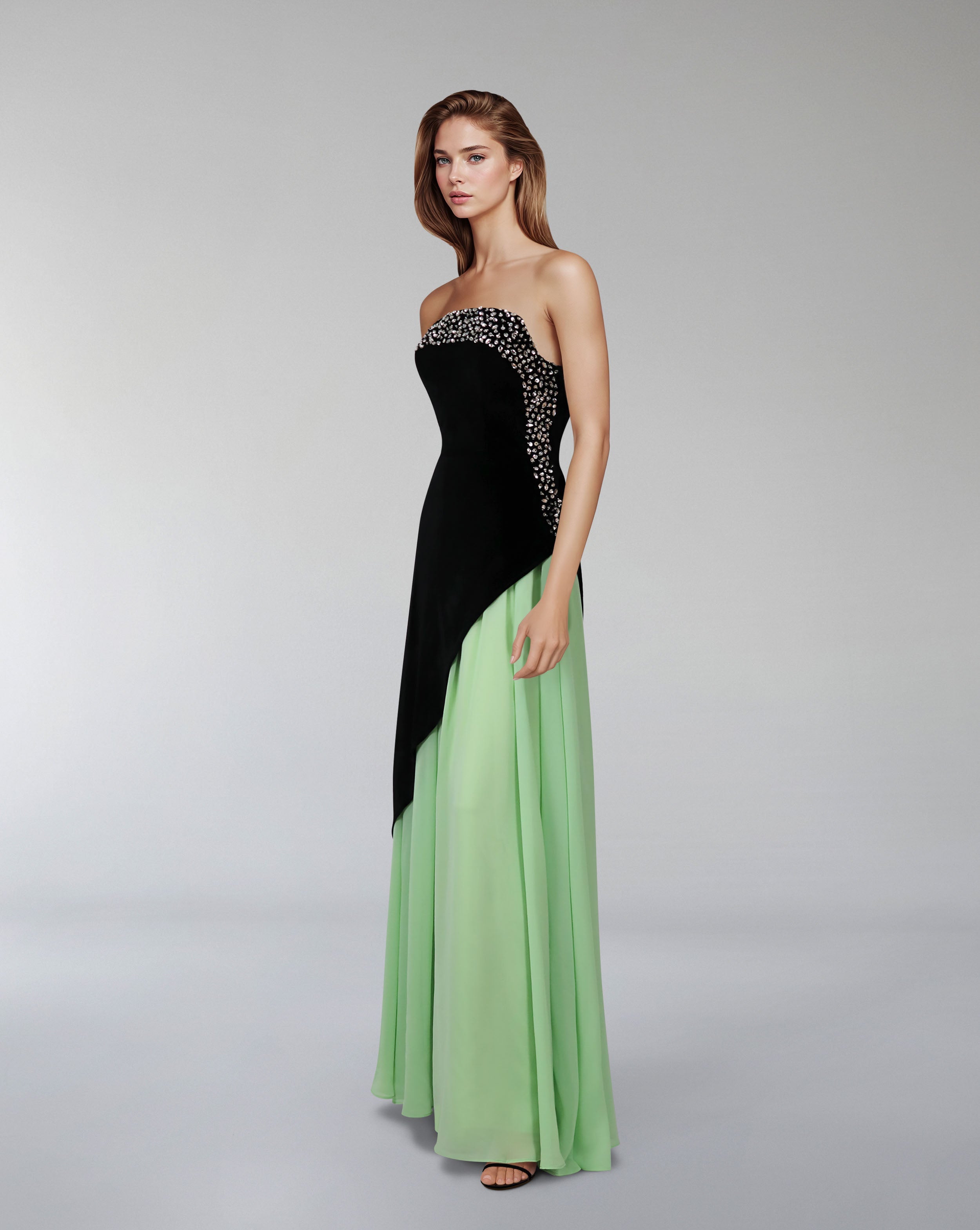 Strapless color-block gown with embellished bodice – Poleno