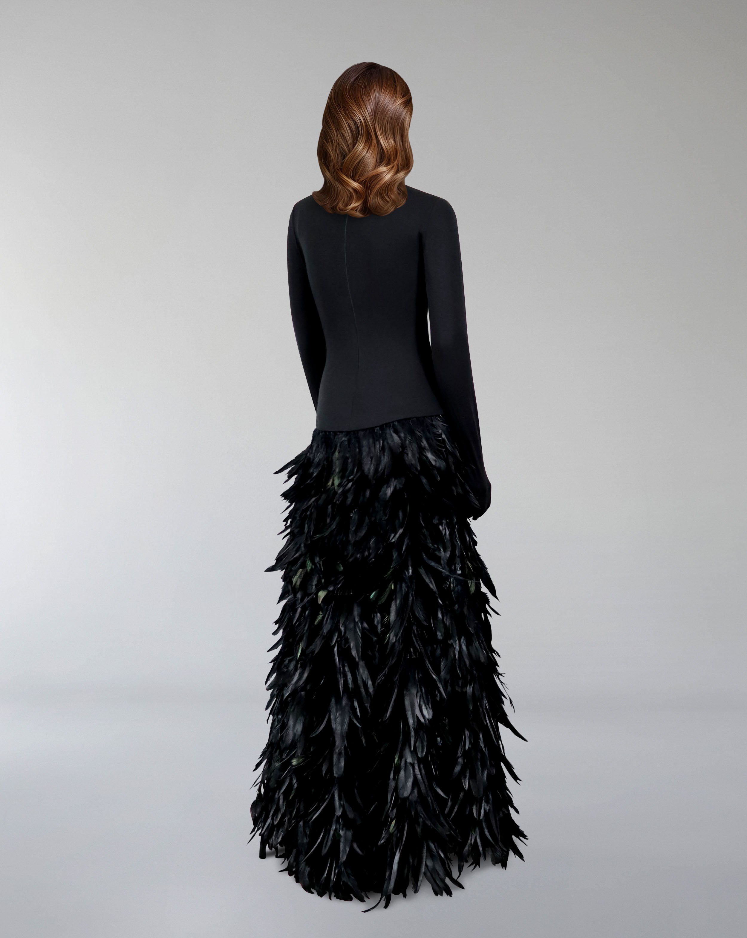 Long sleeve dress with gloves and A line feathered skirt - REYNA