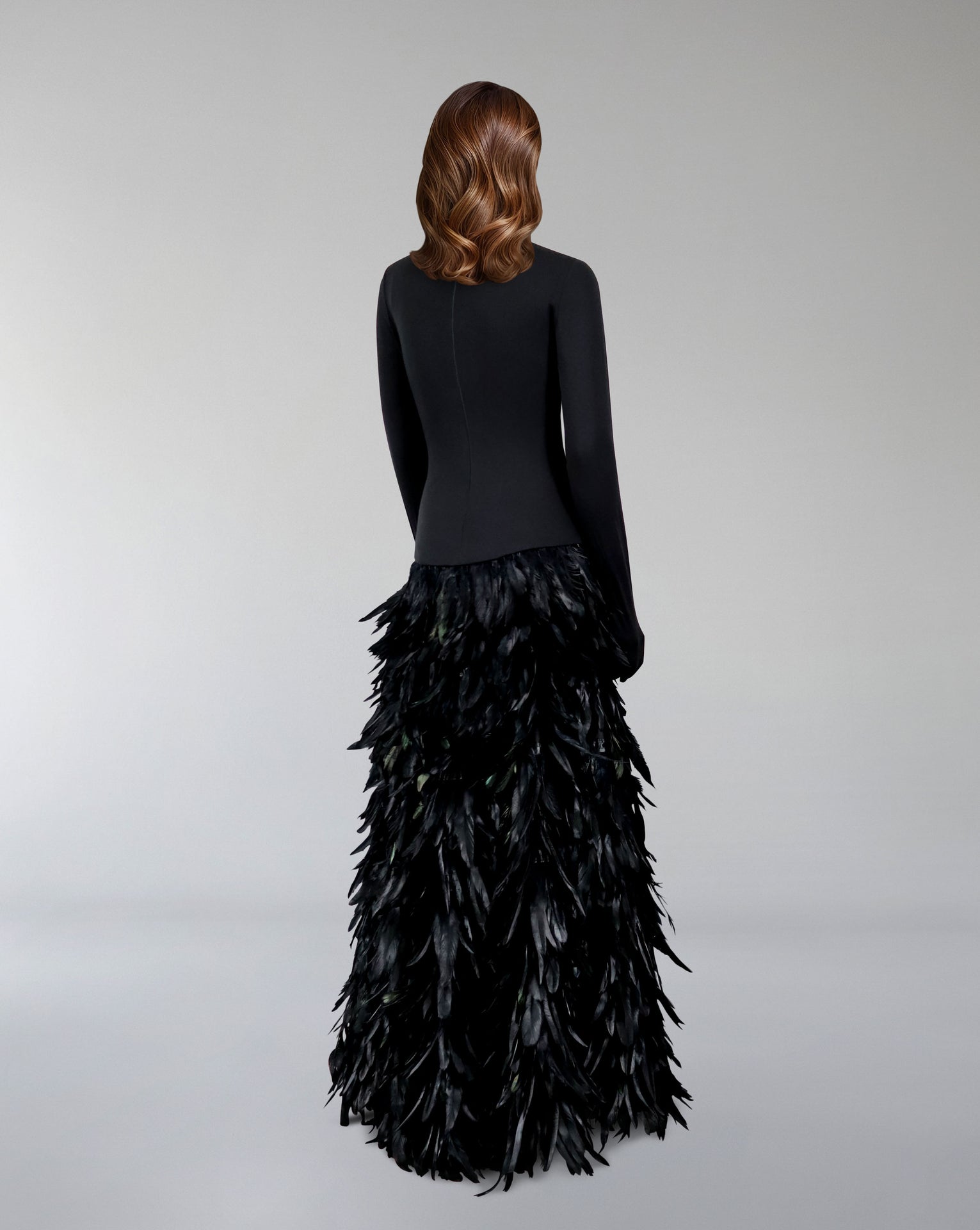 Long sleeve dress with gloves and A line feathered skirt - REYNA