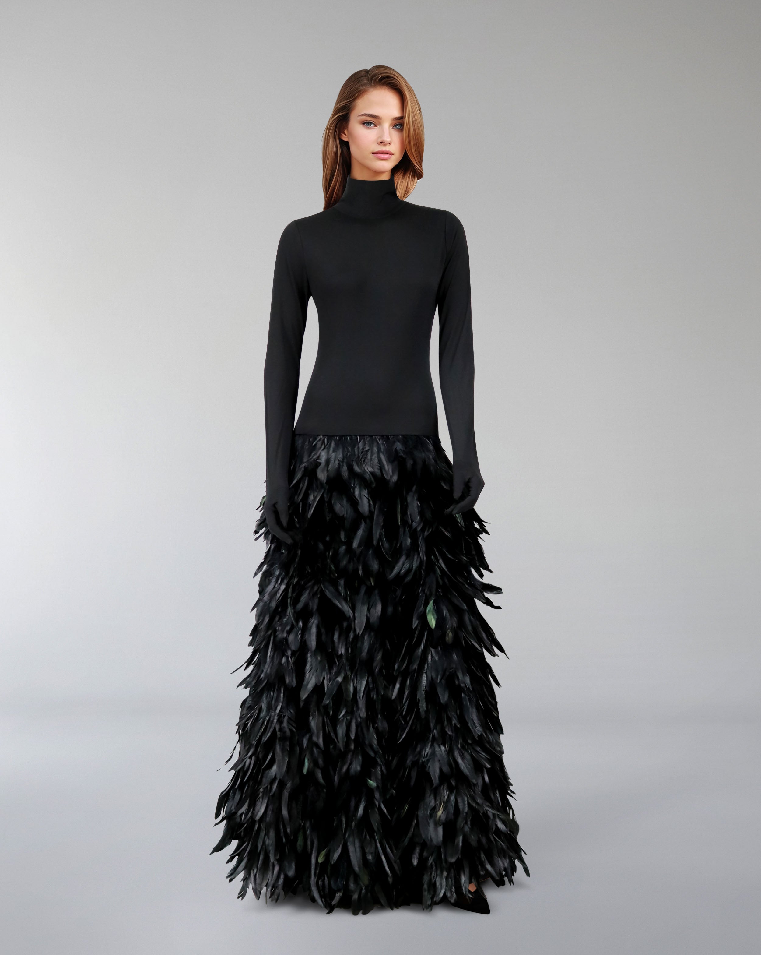 Long sleeve dress with gloves and A line feathered skirt - REYNA