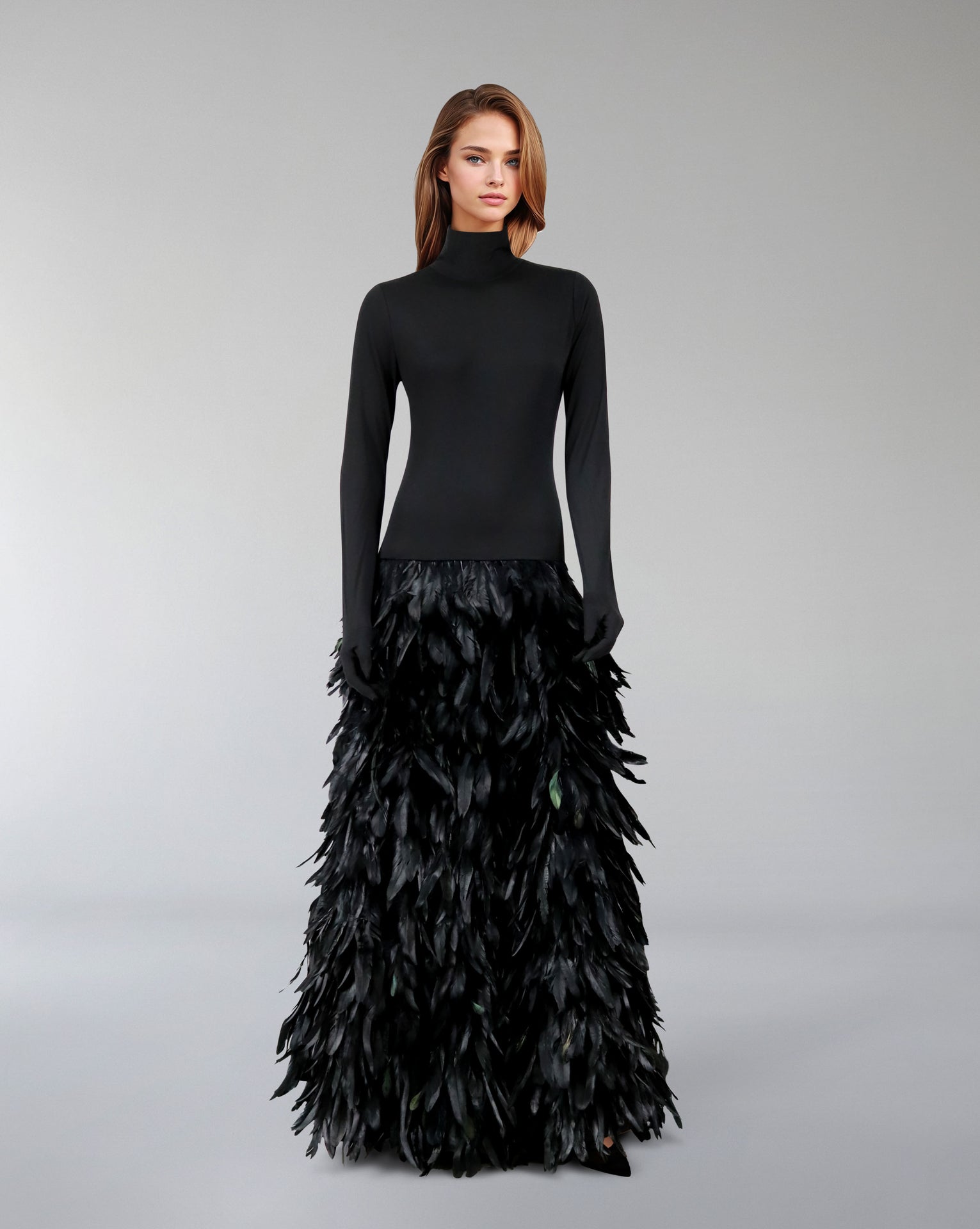 Long sleeve dress with gloves and A line feathered skirt - REYNA