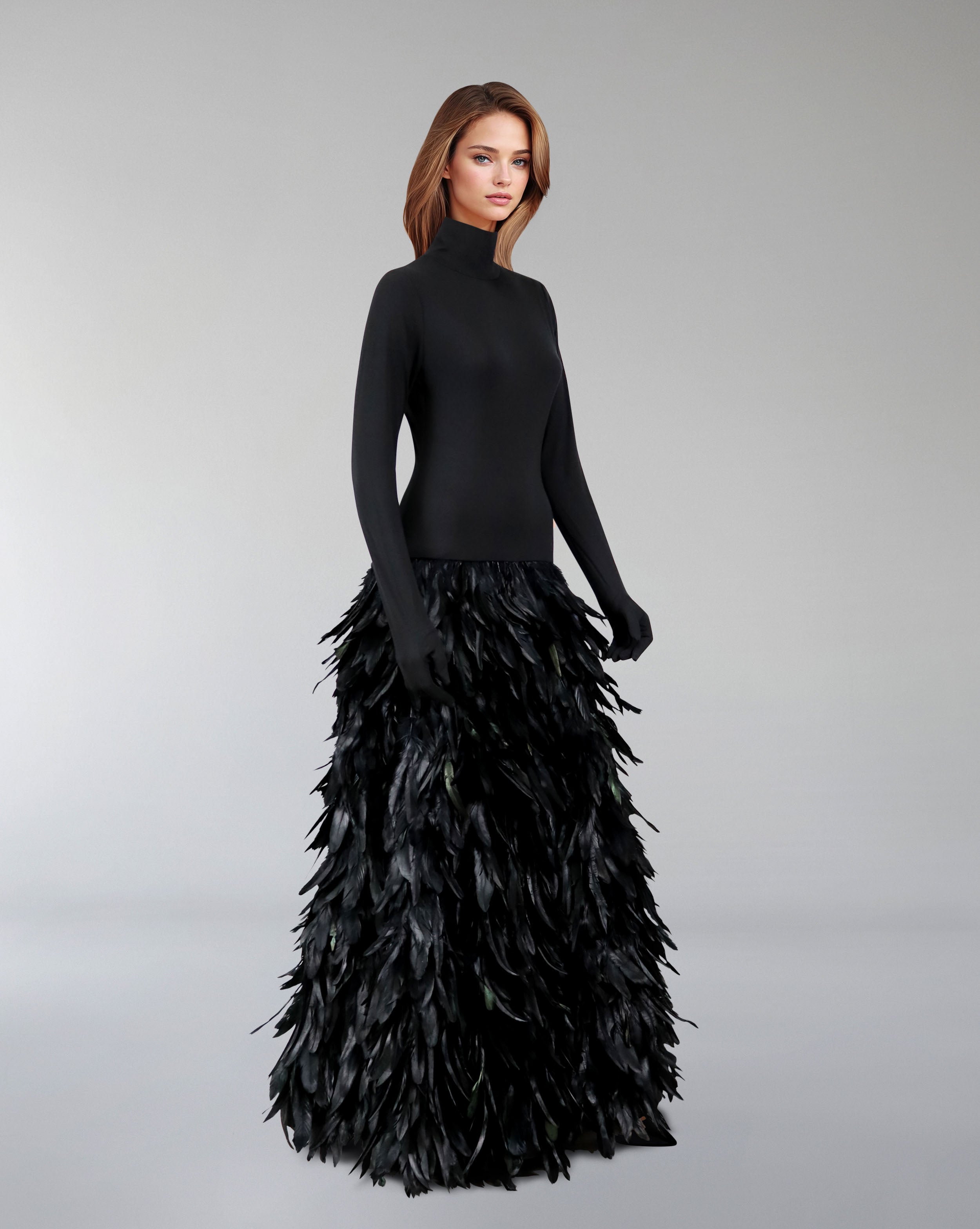 Long sleeve dress with gloves and A line feathered skirt - REYNA