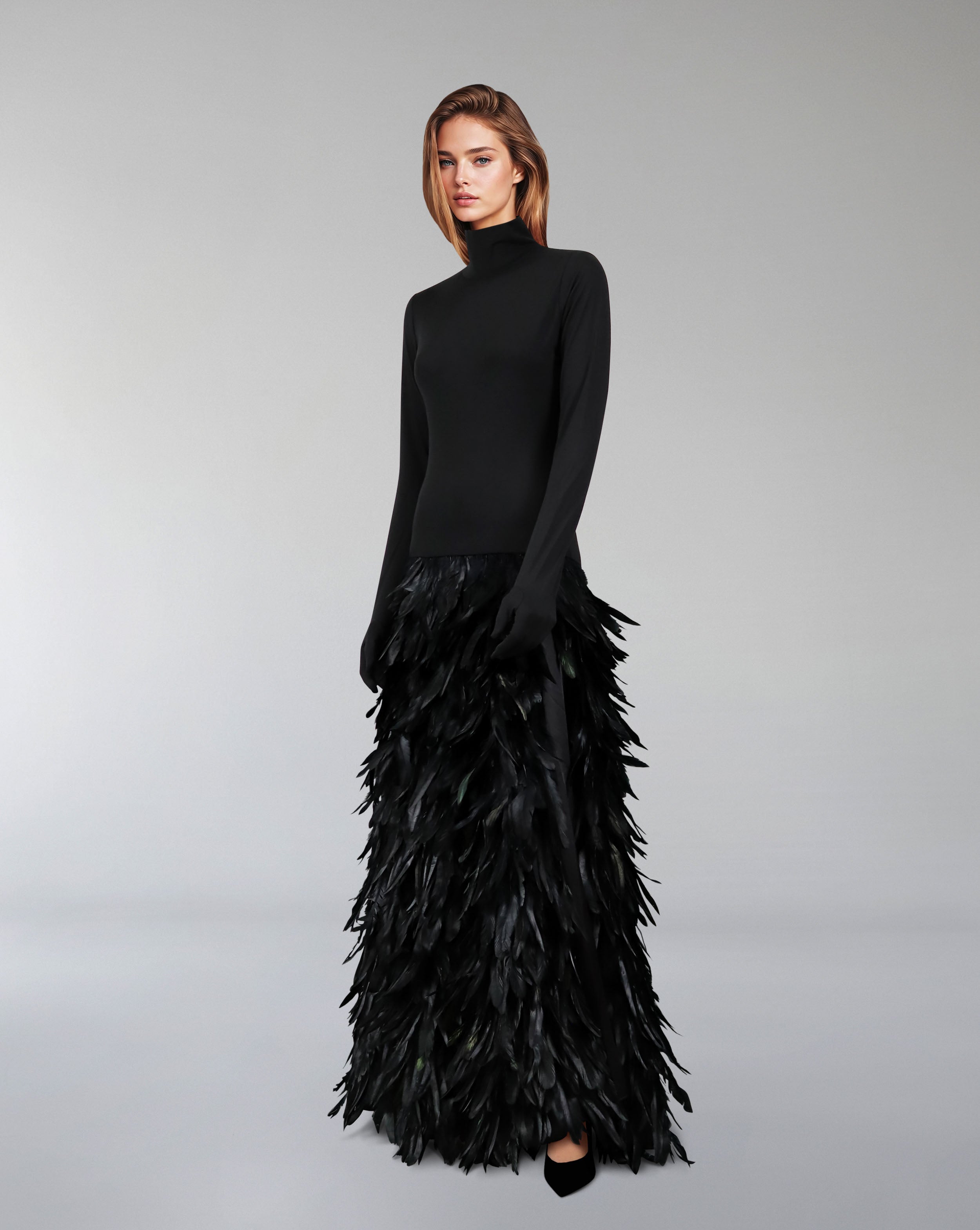 Long sleeve dress with gloves and A line feathered skirt - REYNA