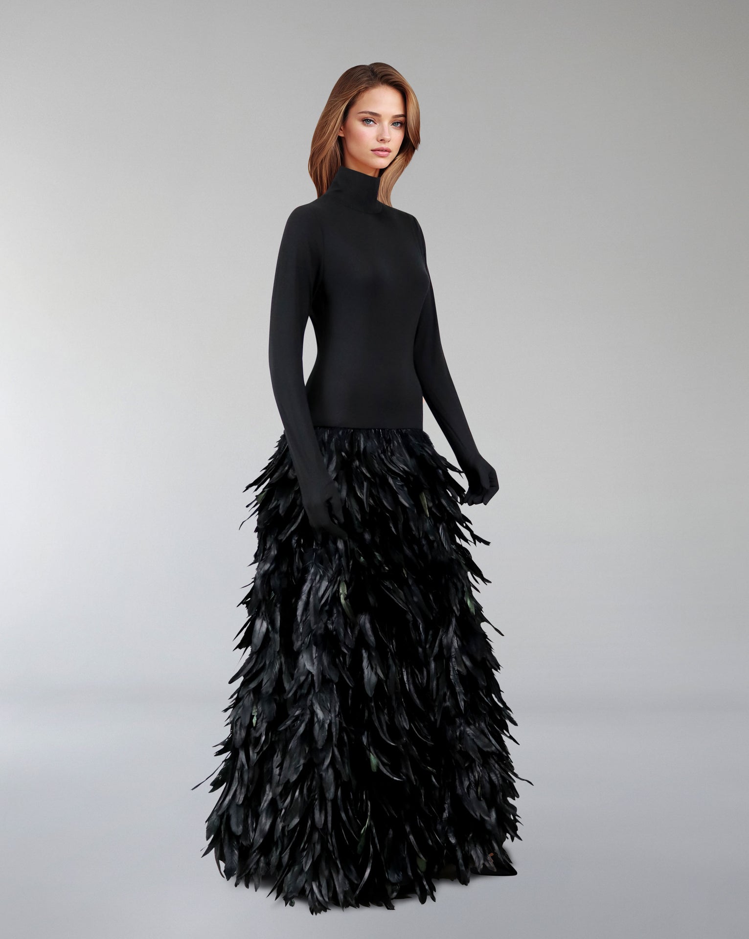 Long sleeve dress with gloves and A line feathered skirt - REYNA