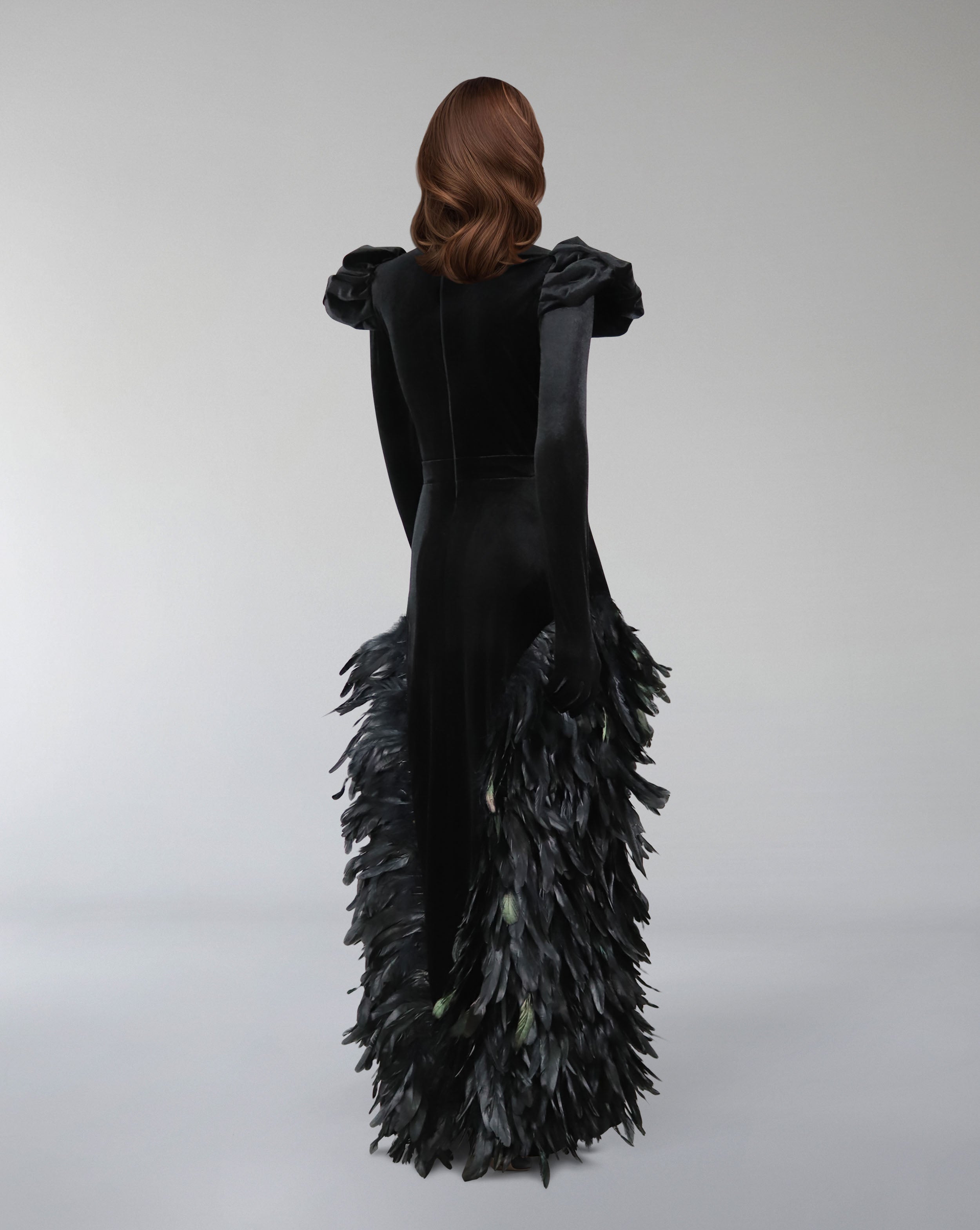 Long sleeve velvet dress with puffed shoulders and fathered skirt - ISLA