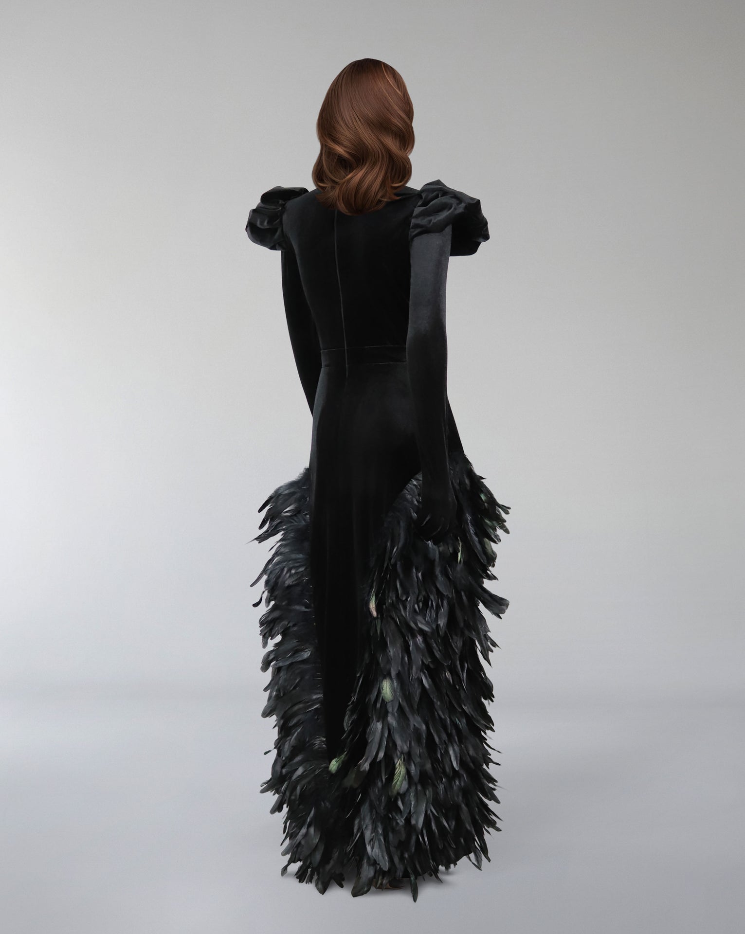 Long sleeve velvet dress with puffed shoulders and fathered skirt - ISLA