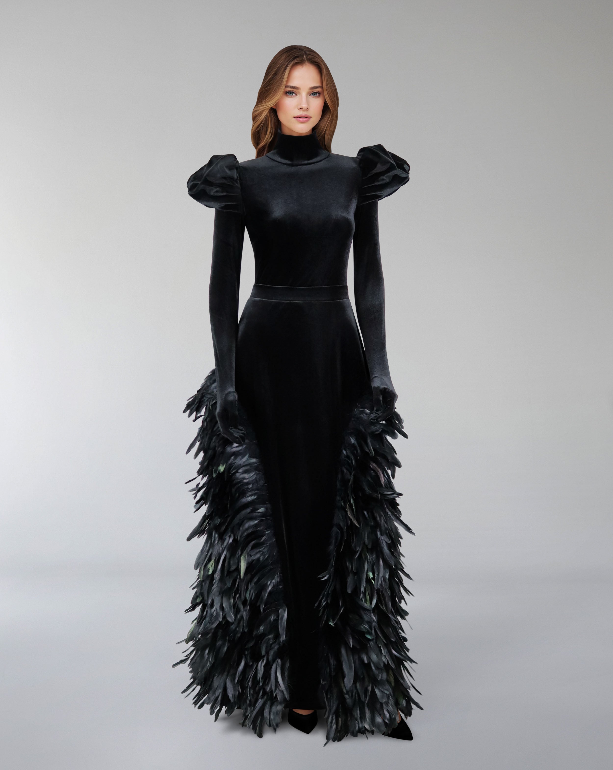 Long sleeve velvet dress with puffed shoulders and fathered skirt - ISLA