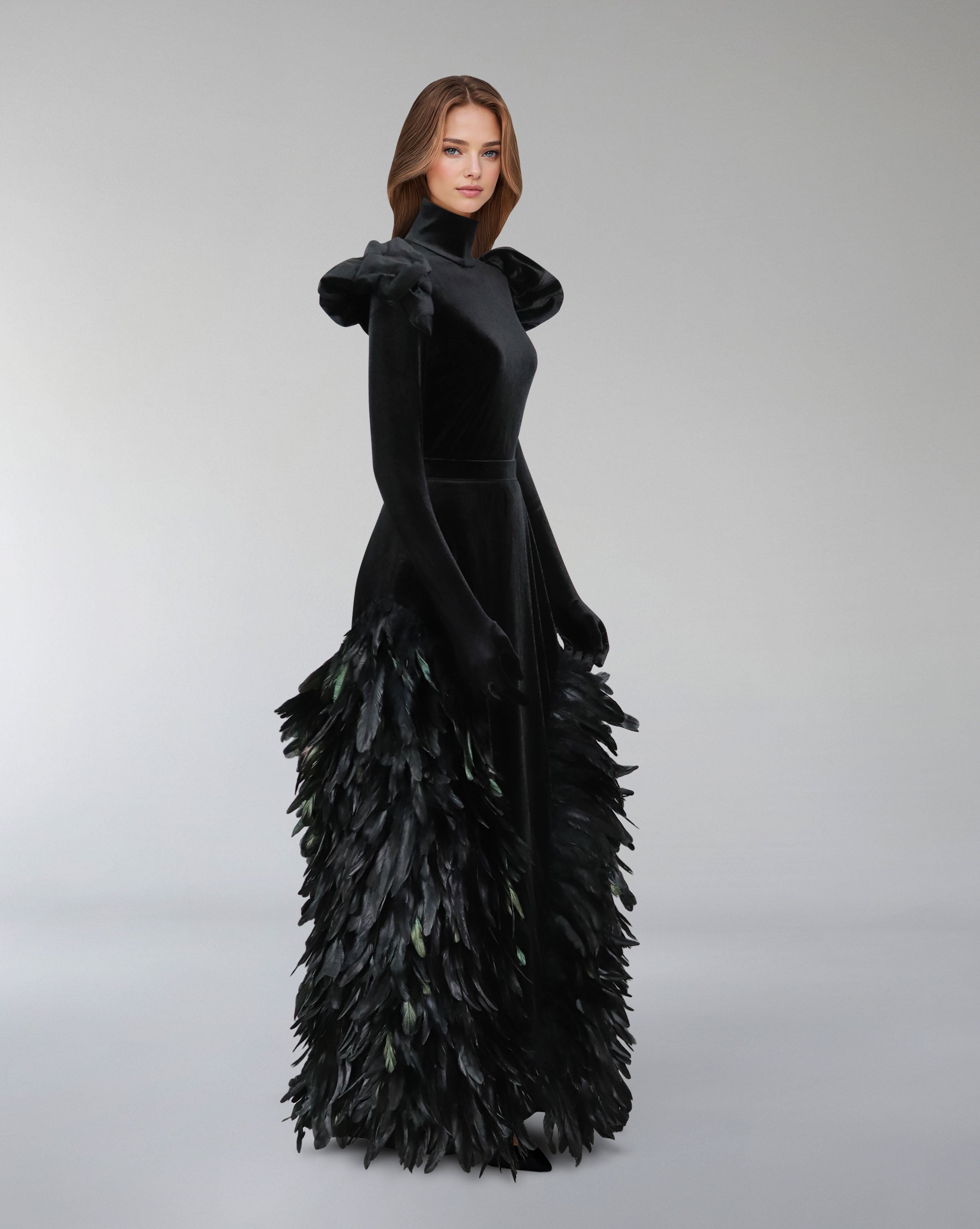 Long sleeve velvet dress with puffed shoulders and fathered skirt - ISLA