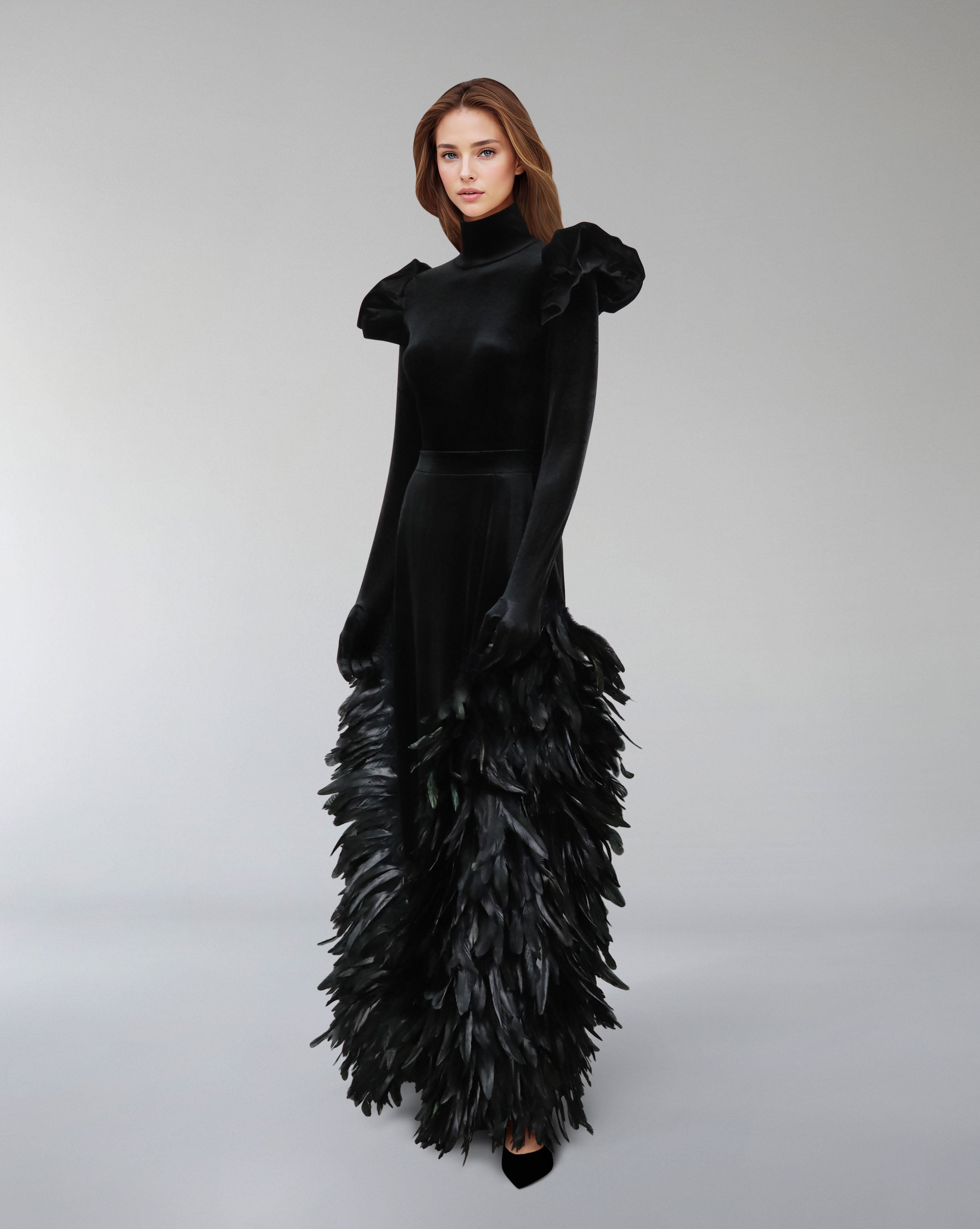 Long sleeve velvet dress with puffed shoulders and fathered skirt - ISLA