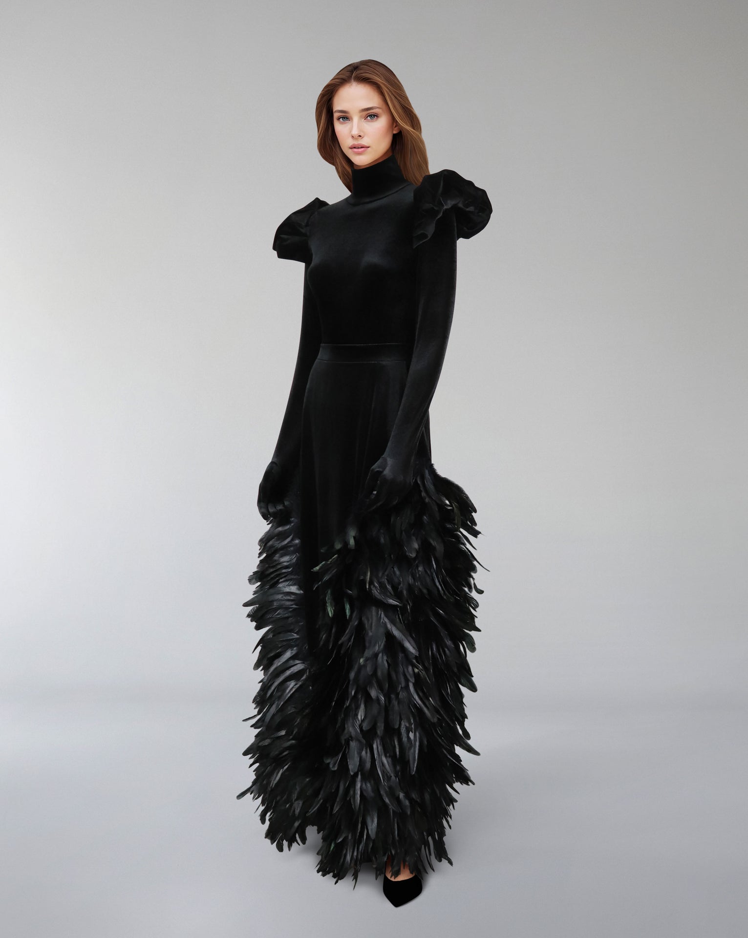 Long sleeve velvet dress with puffed shoulders and fathered skirt - ISLA