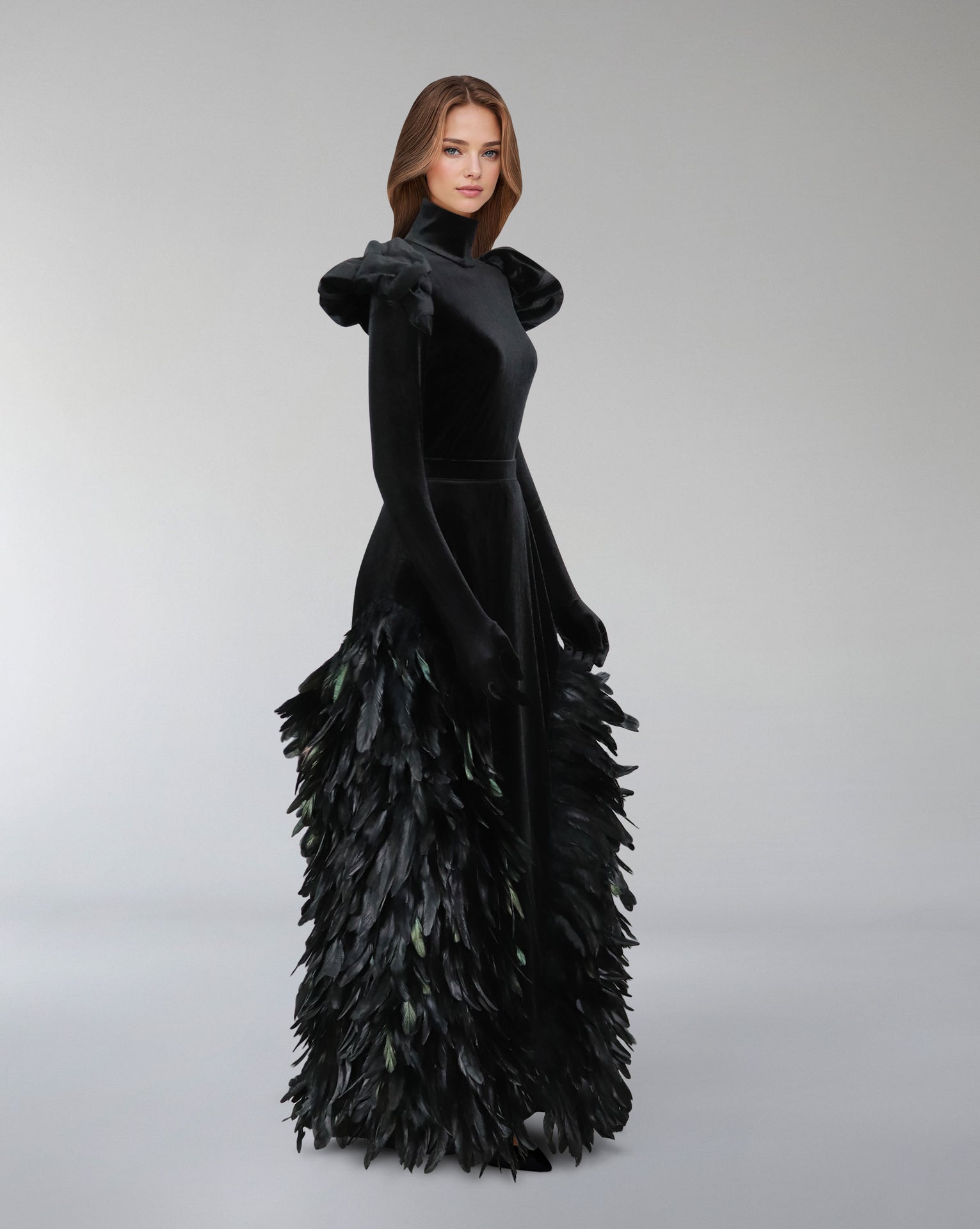 Long sleeve velvet dress with puffed shoulders and fathered skirt - ISLA