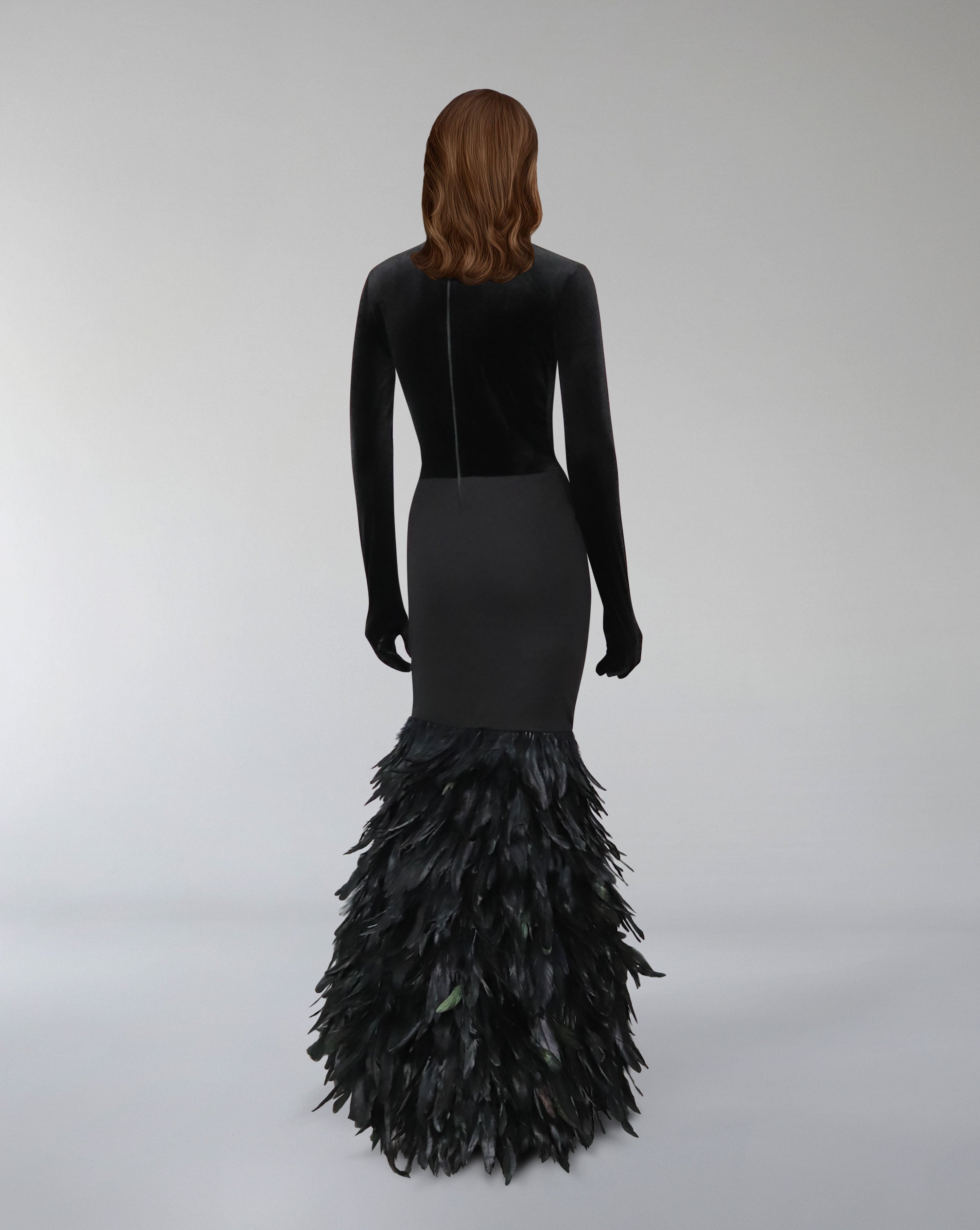 Long sleeve dress with velvet top and feathered fishtail train - NYLA