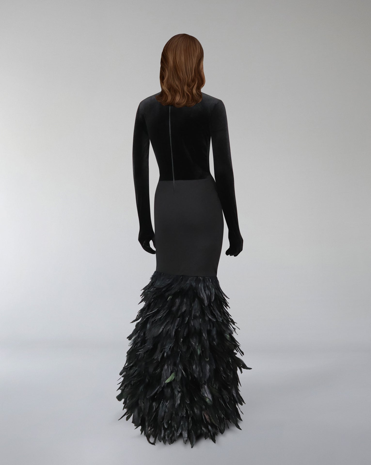 Long sleeve dress with velvet top and feathered fishtail train - NYLA