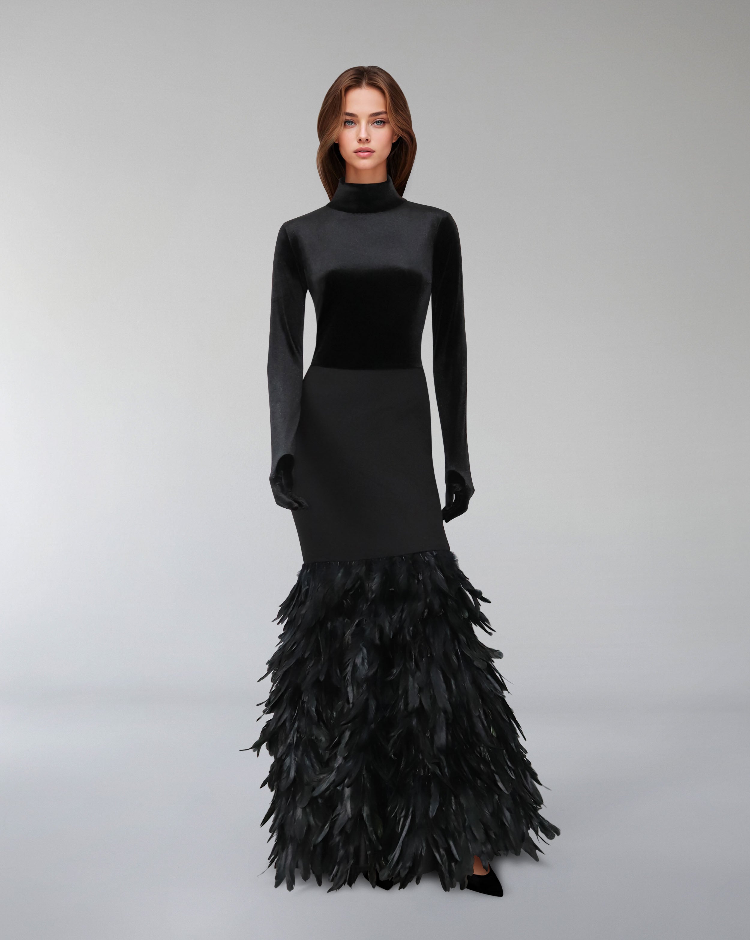 Long sleeve dress with velvet top and feathered fishtail train - NYLA