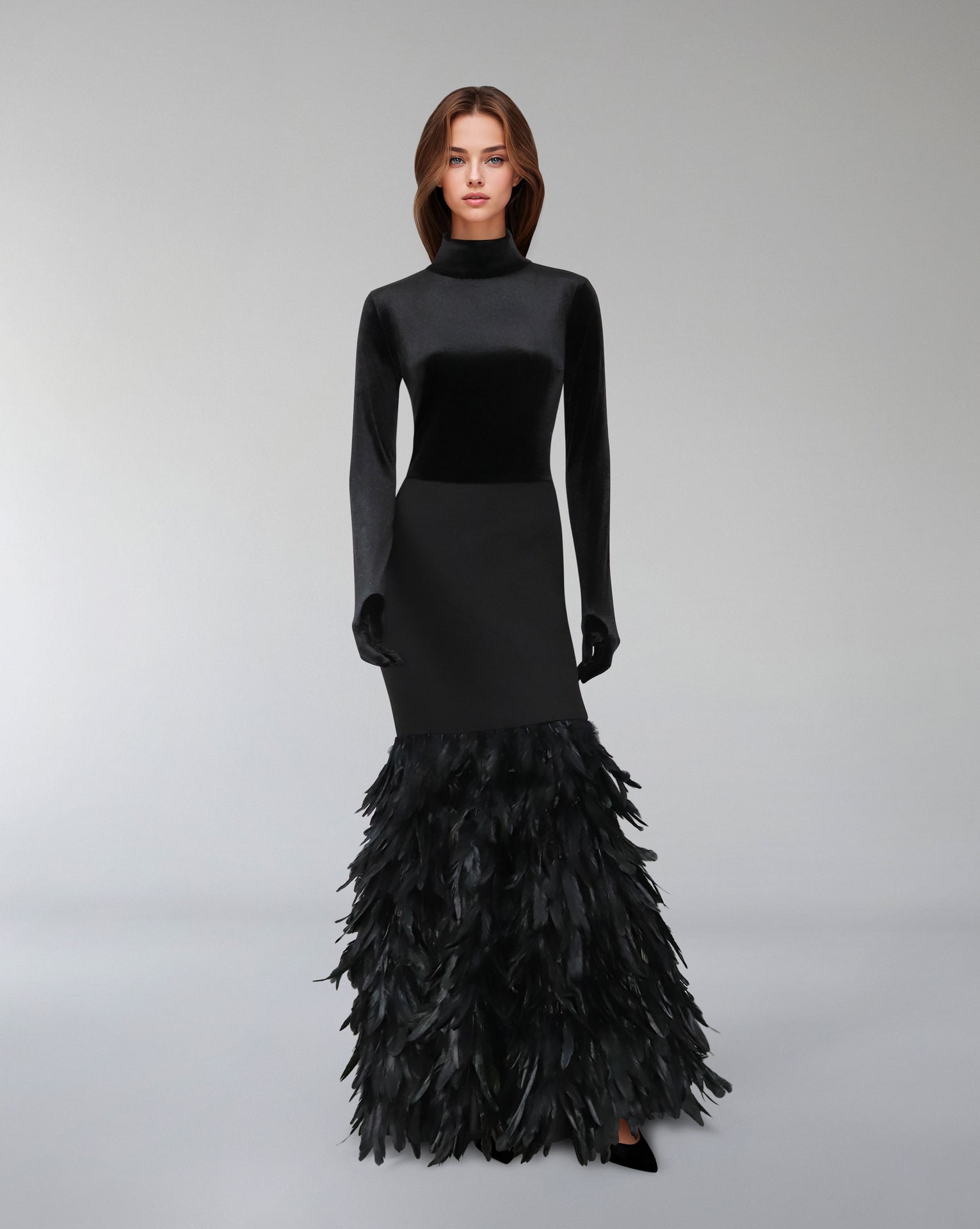 Long sleeve dress with velvet top and feathered fishtail train - NYLA