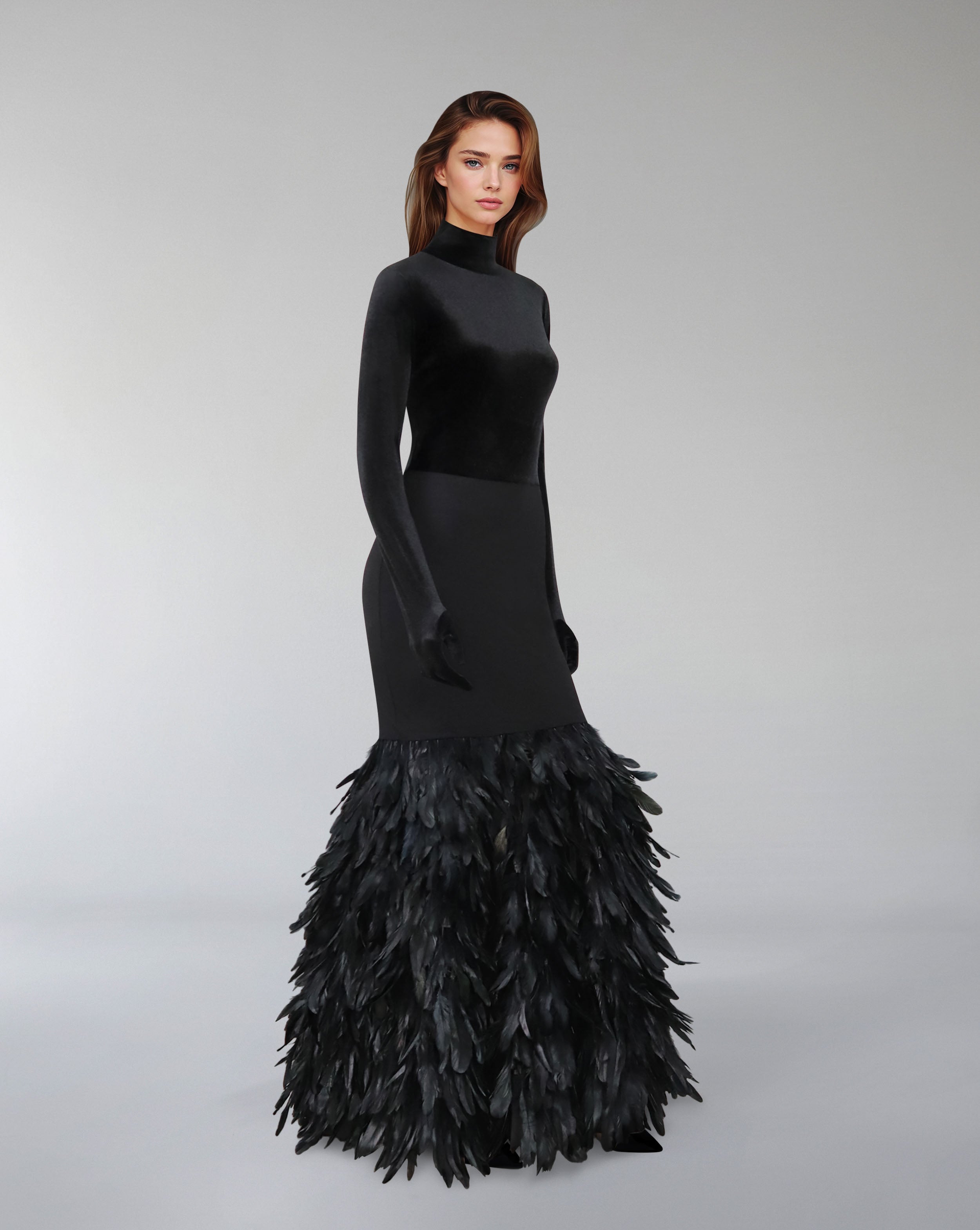 Long sleeve dress with velvet top and feathered fishtail train - NYLA