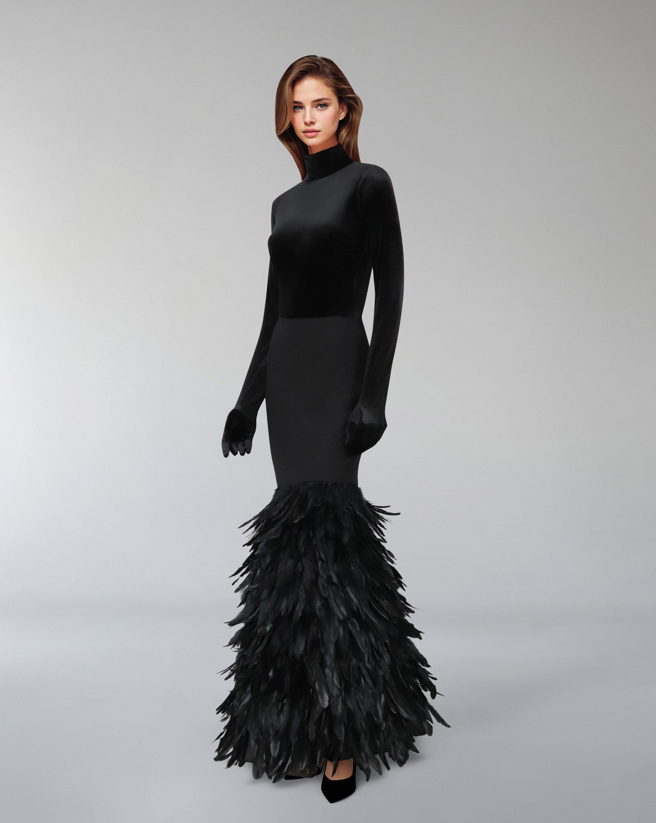 Long sleeve dress with velvet top and feathered fishtail train - NYLA