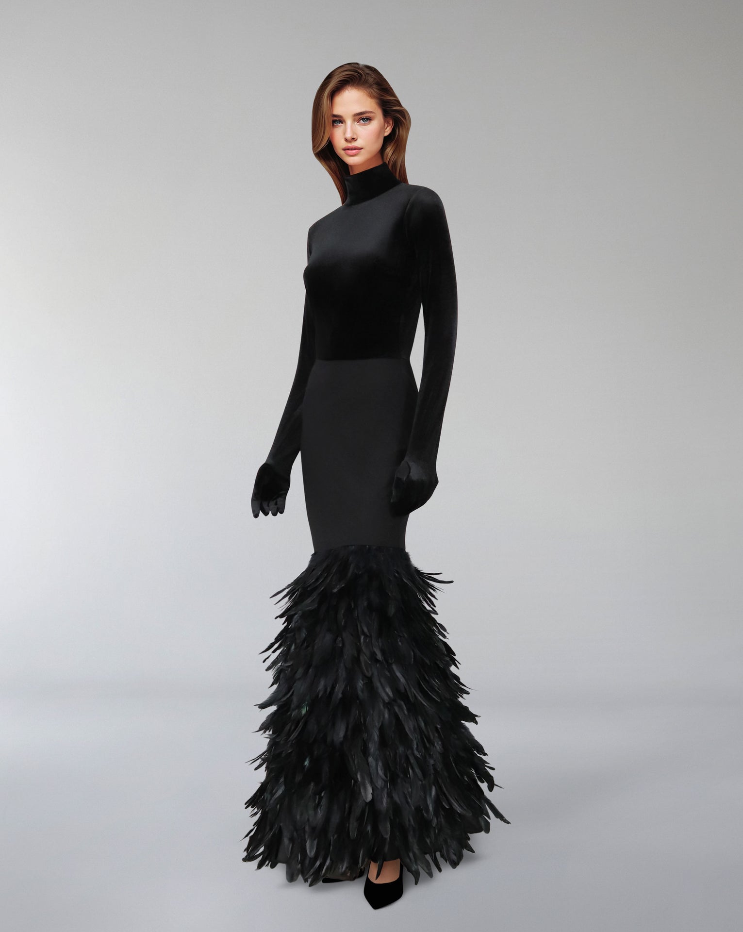 Long sleeve dress with velvet top and feathered fishtail train - NYLA
