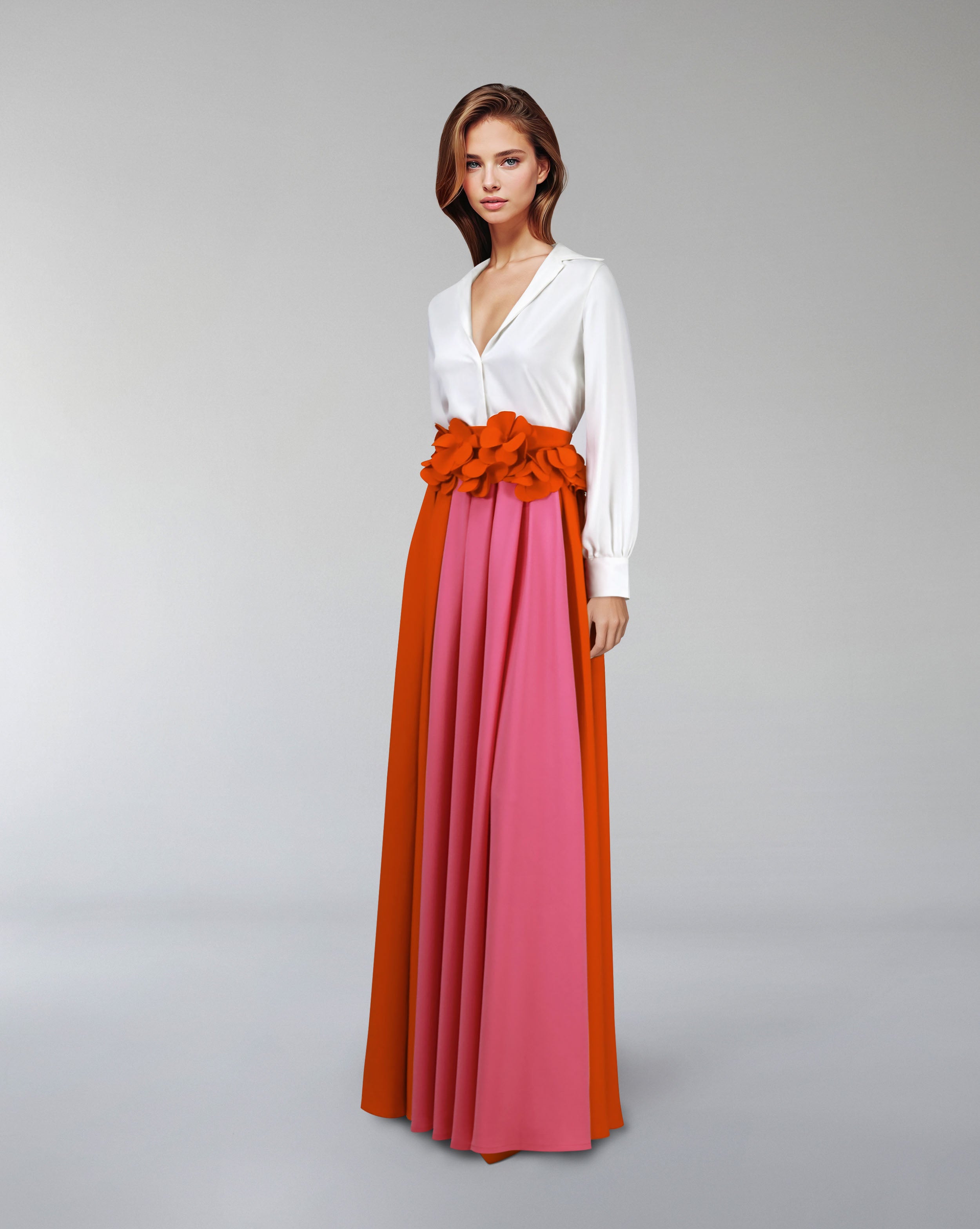 Floor-length skirt with flowered waist and white shirt - SELENE