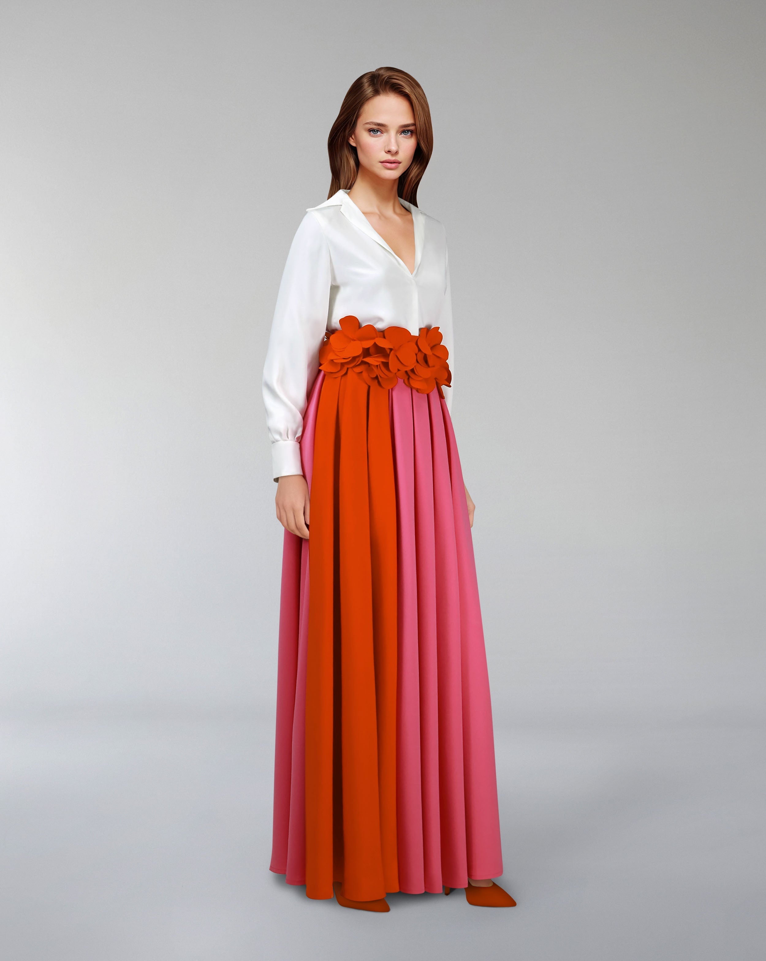 Floor-length skirt with flowered waist and white shirt - SELENE