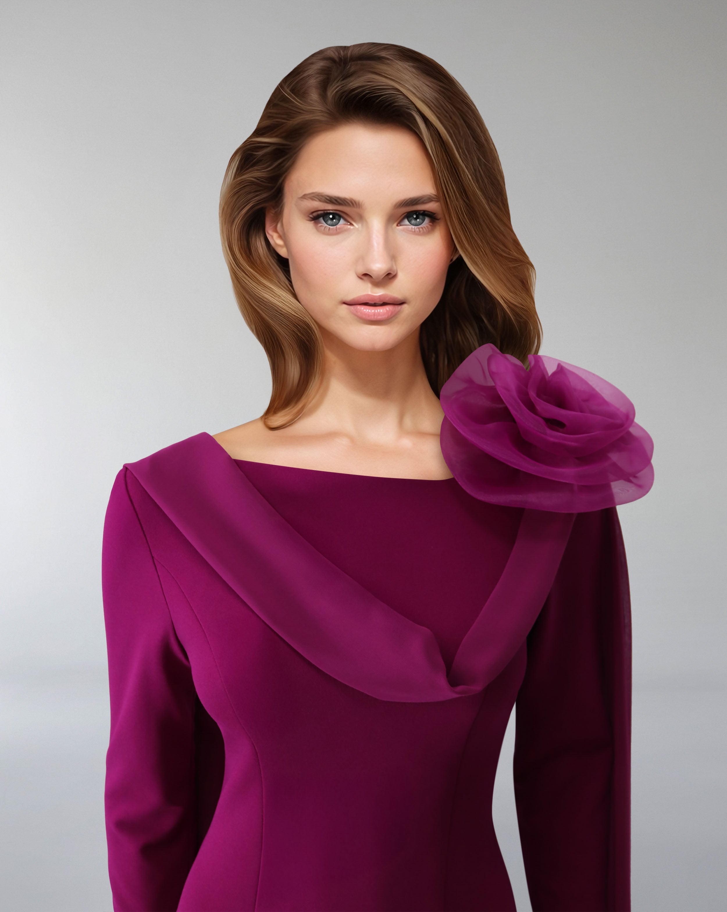 floral shoulder gown with chiffon drape – Zionna