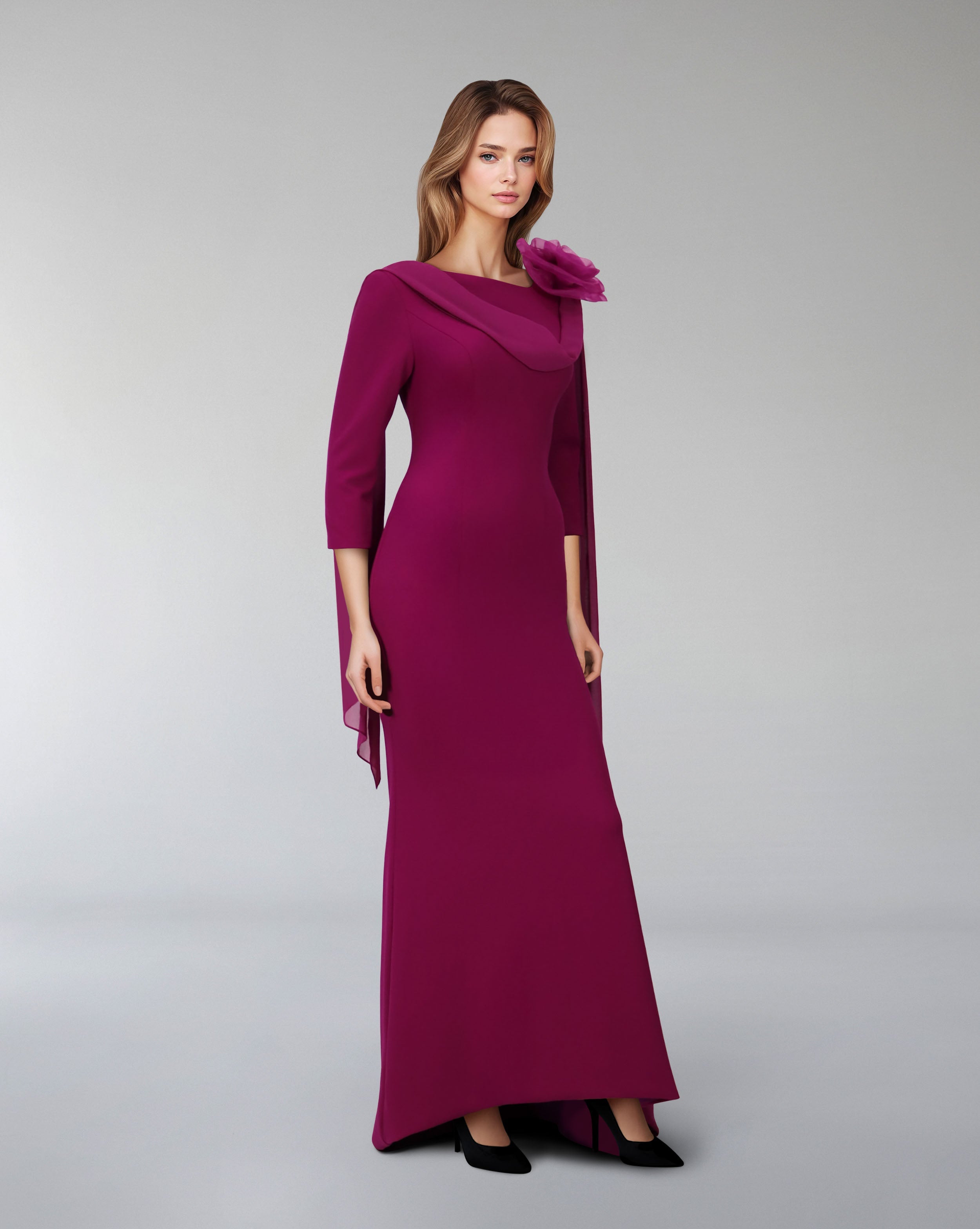 floral shoulder gown with chiffon drape – Zionna