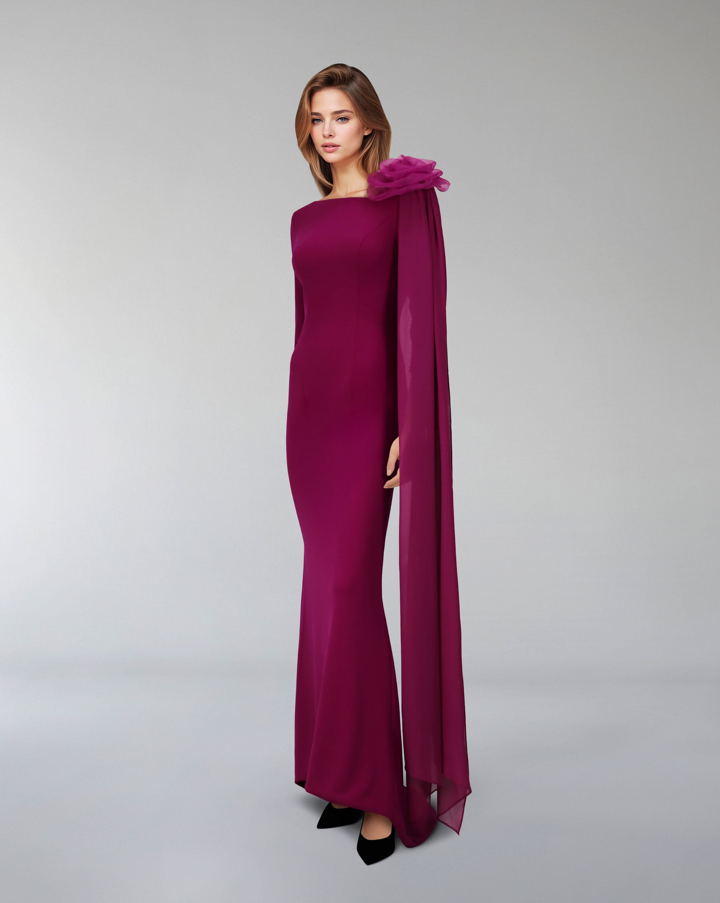 floral shoulder gown with chiffon drape – Zionna