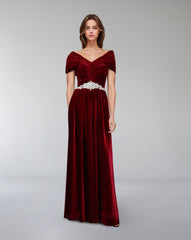Draped velvet dress with waist embellishment  - ODETTE