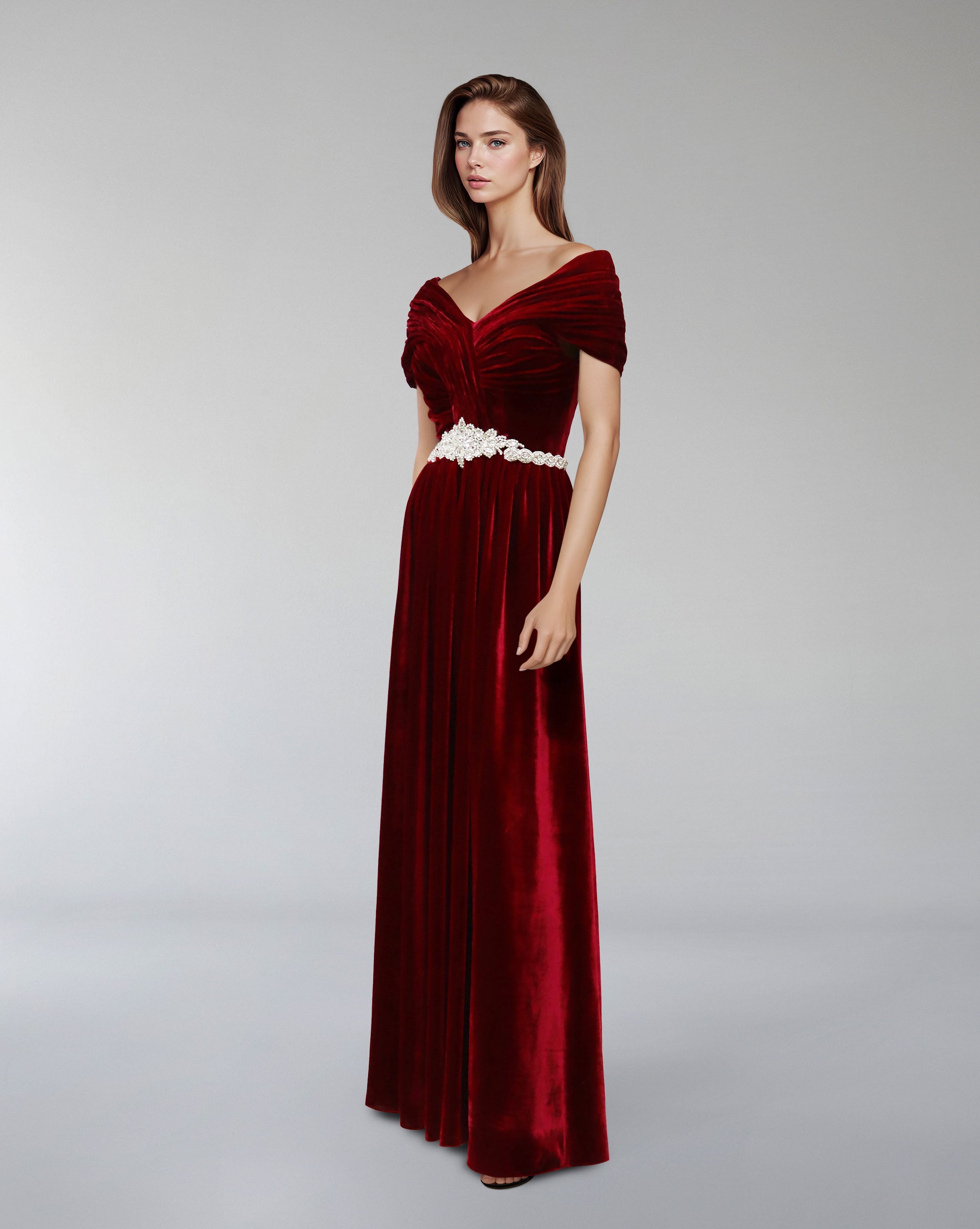 Draped velvet dress with waist embellishment  - ODETTE