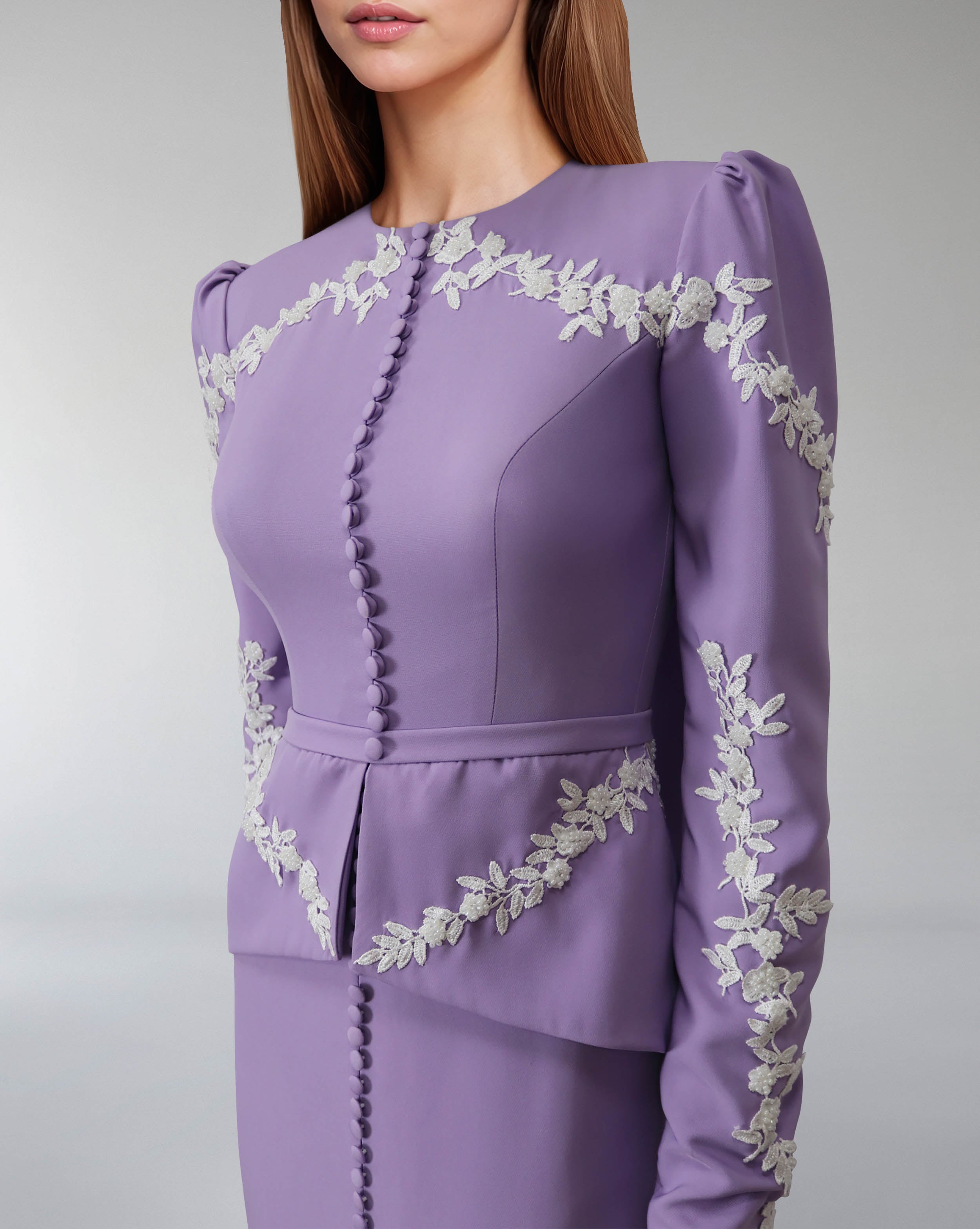 Embroidered peplum gown with front slit – Olged