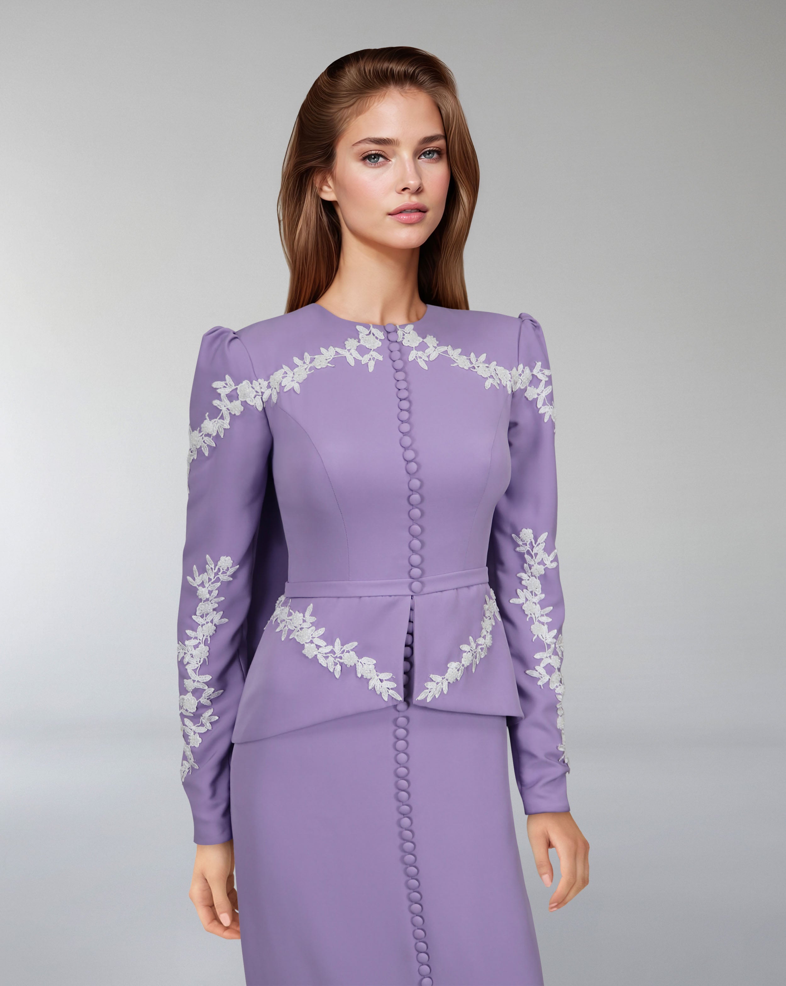 Embroidered peplum gown with front slit – Olged