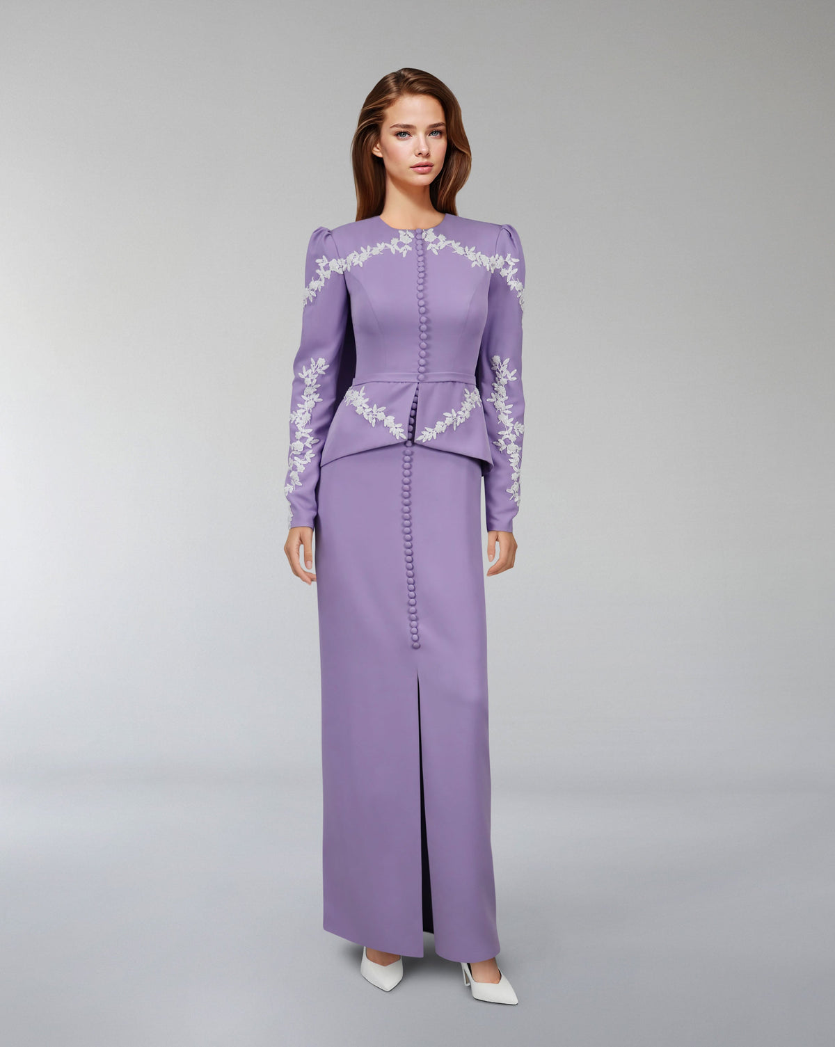 Embroidered peplum gown with front slit – Olged