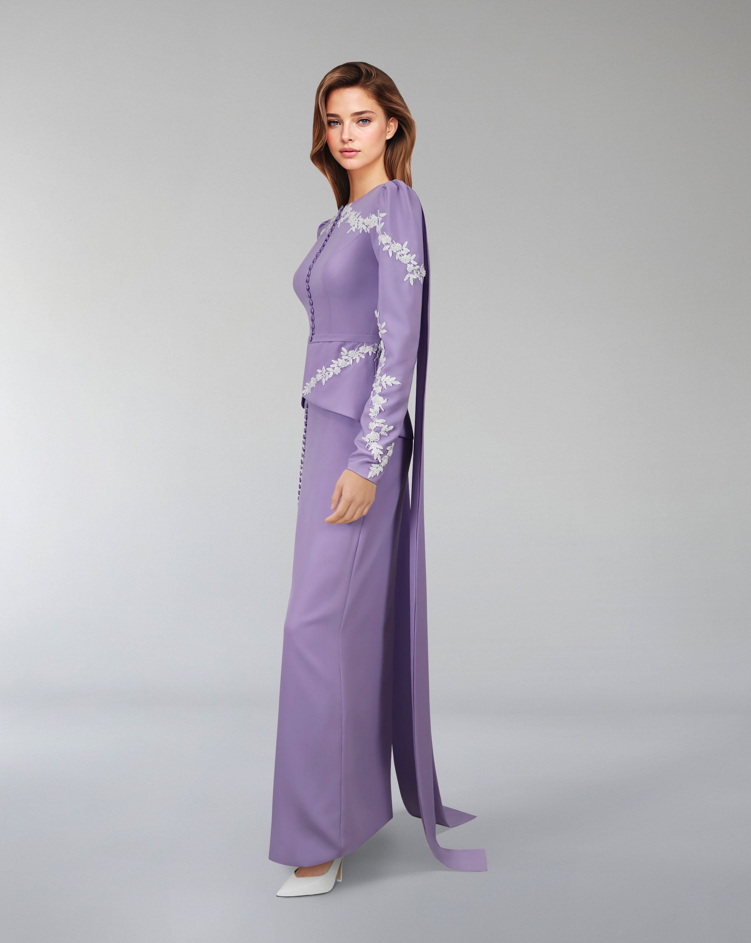 Embroidered peplum gown with front slit – Olged