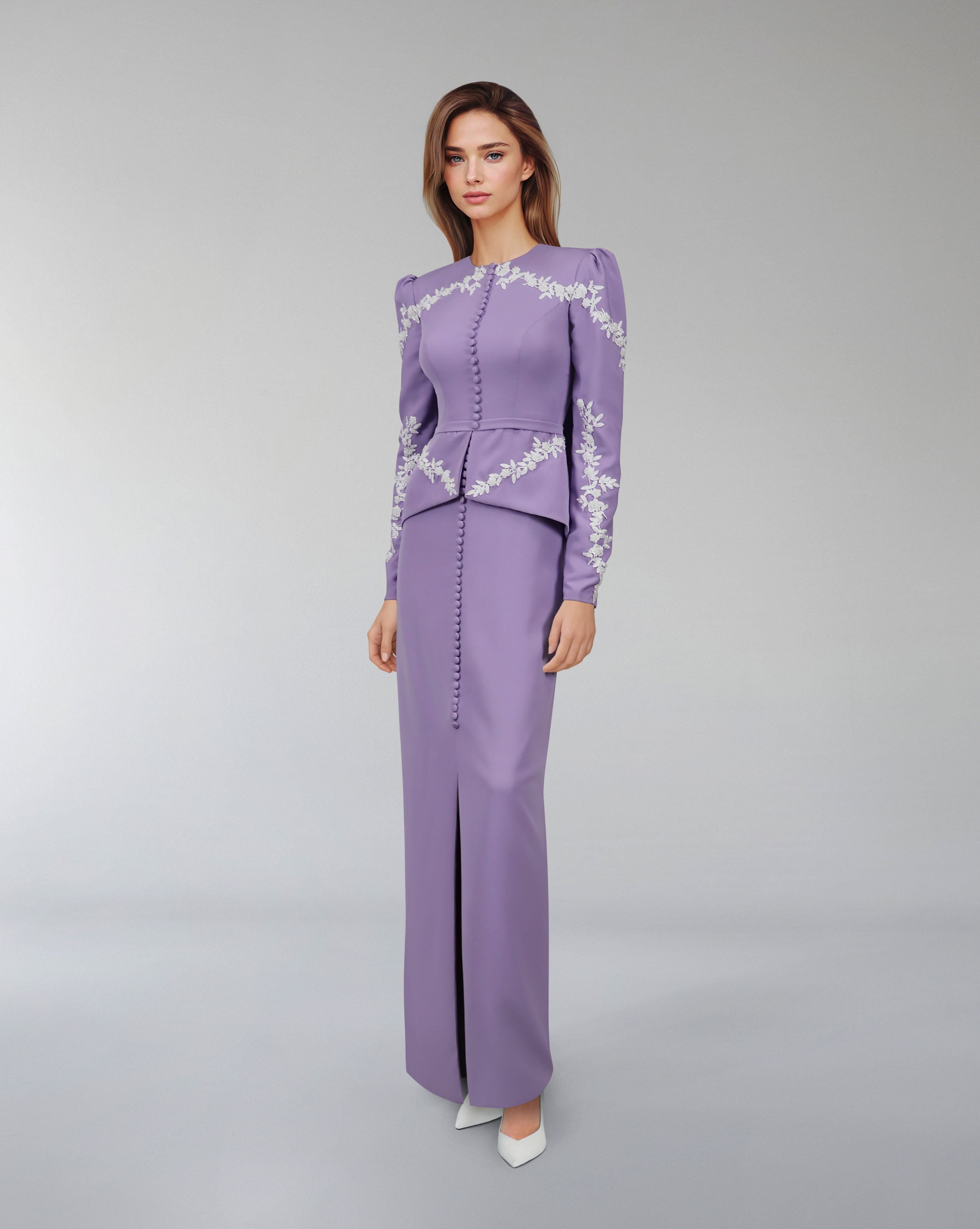 Embroidered peplum gown with front slit – Olged