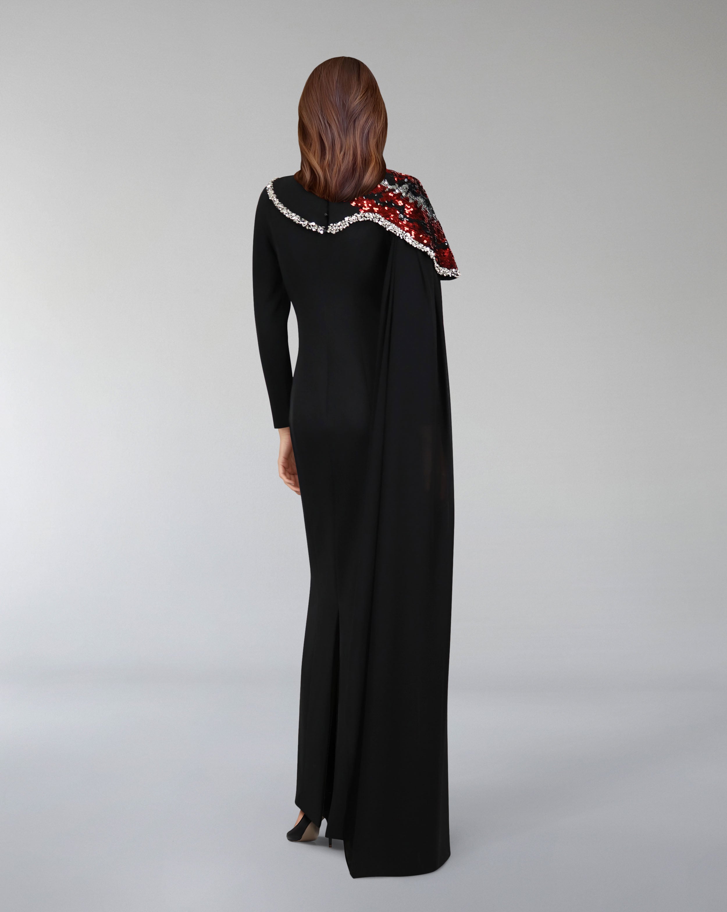one-shoulder embellished column gown with sequin motif – REVAKTO